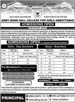 Admission notice for Army Burn Hall College for Girls Abbottabad Cantt